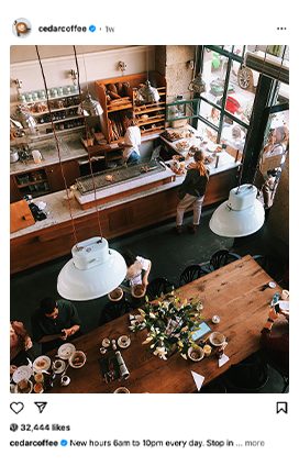 An instagram post showing a coffee shop and it's new hours.
